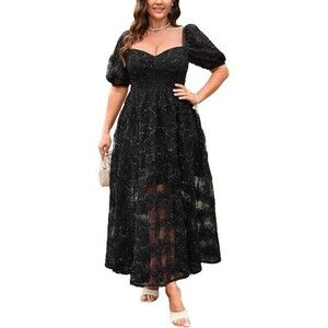 Women's Black 3D Lace Whimsygoth Midi Dress size 3X Puff Sleeve NWT Fairy Witchy